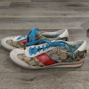 Coach Signature Canvas Sneakers with Red Stripe and Blue Laces